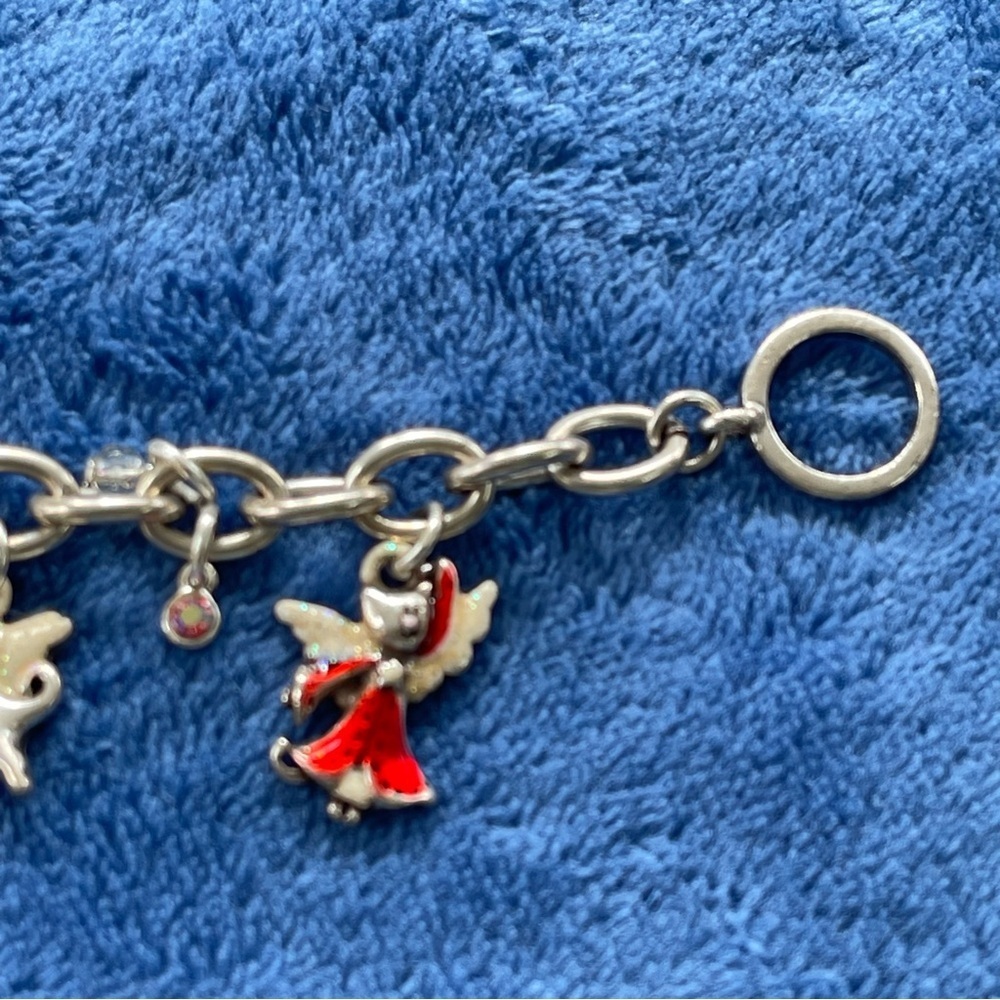Vintage Enameled Cat Angels Dangle Charms Silver Bracelet  With Crystals - Picture 3 of 6